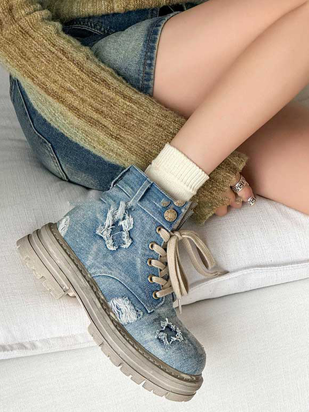 Denim Ripped Platform Boots with Ribbons