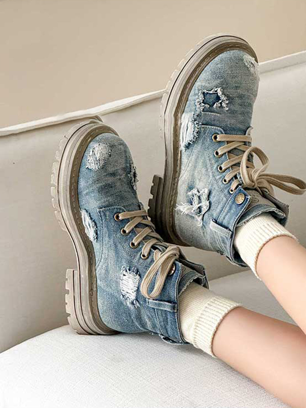 Denim Ripped Platform Boots with Ribbons