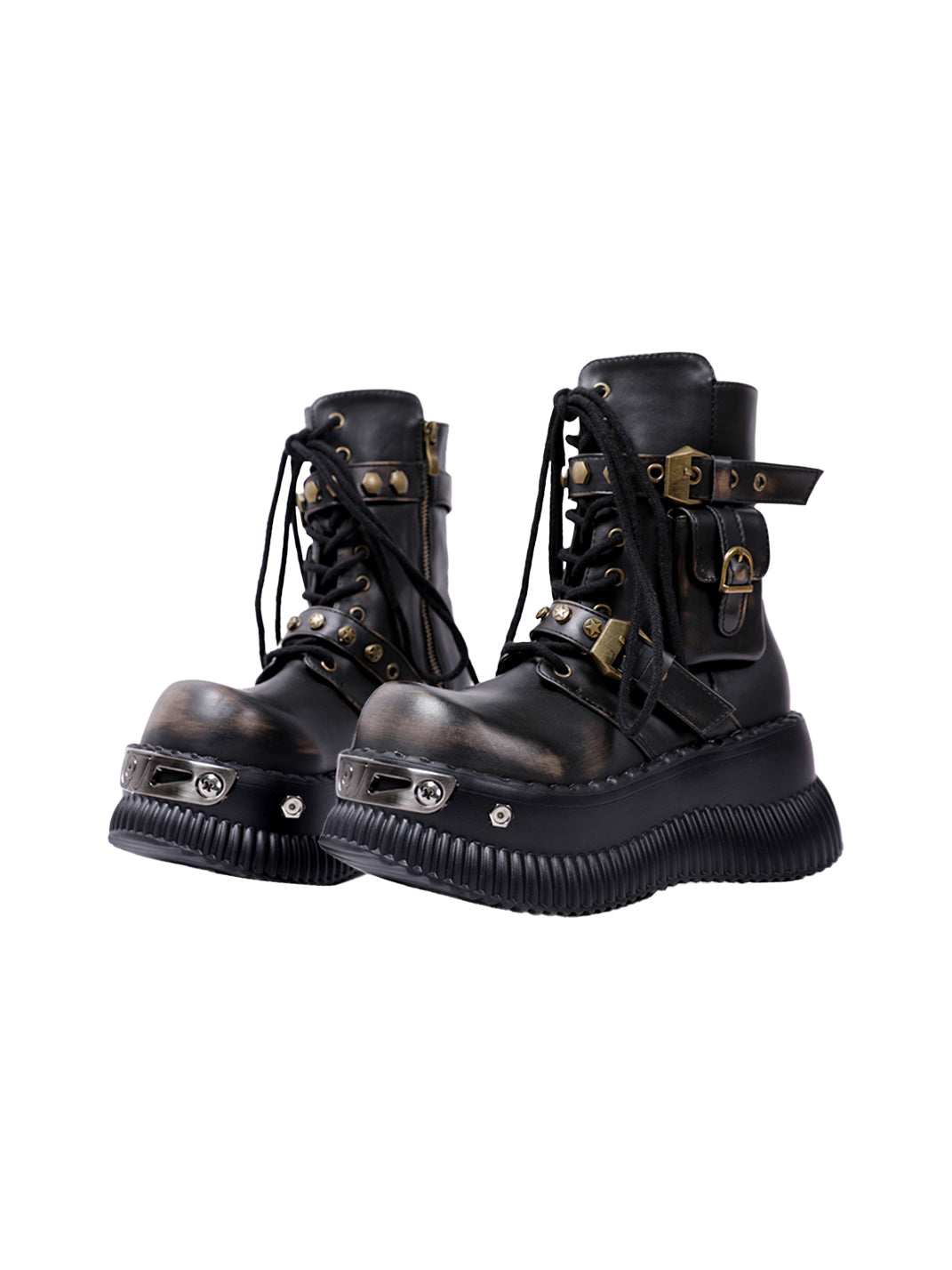 Black Metallic Punk Platform Ankle Boots with Studded Details