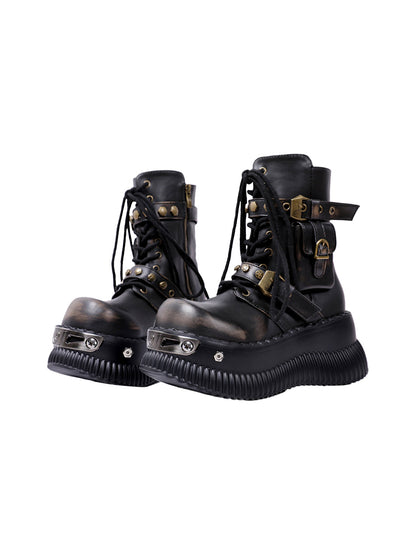 Black Metallic Punk Platform Ankle Boots with Studded Details