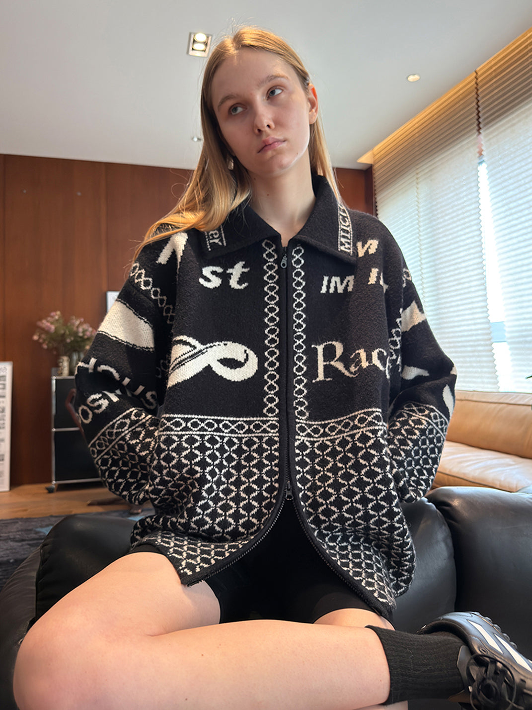 Vintage Racing Jacquard Zip Cardigan Sweater