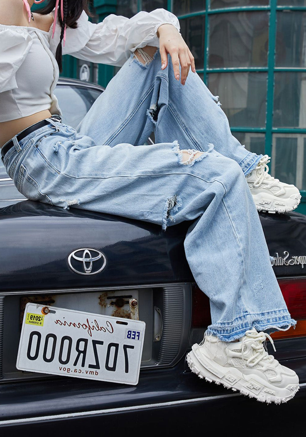 White Hollow Leather Chunky Sneakers