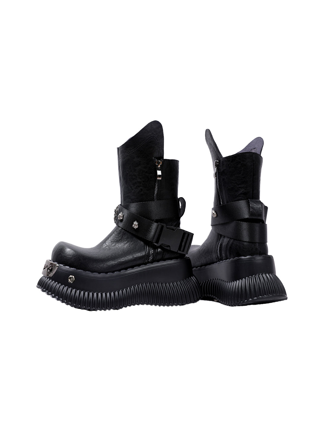 Black Punk Platform Ankle Boots with Metal Strap Detail