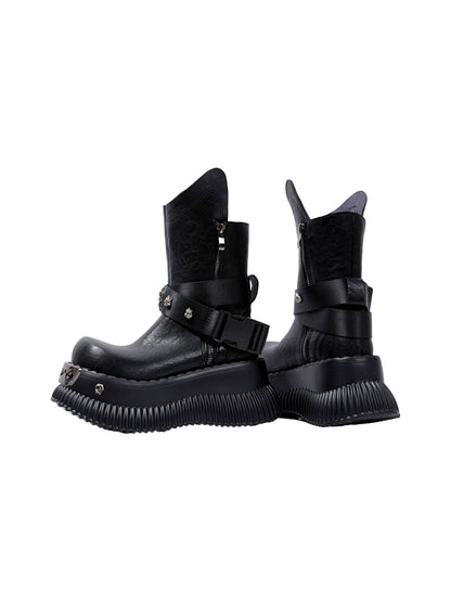 Black Punk Platform Ankle Boots with Metal Strap Detail