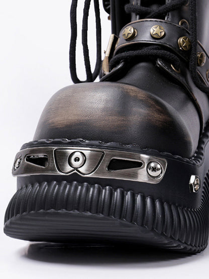 Black Metallic Punk Platform Ankle Boots with Studded Details