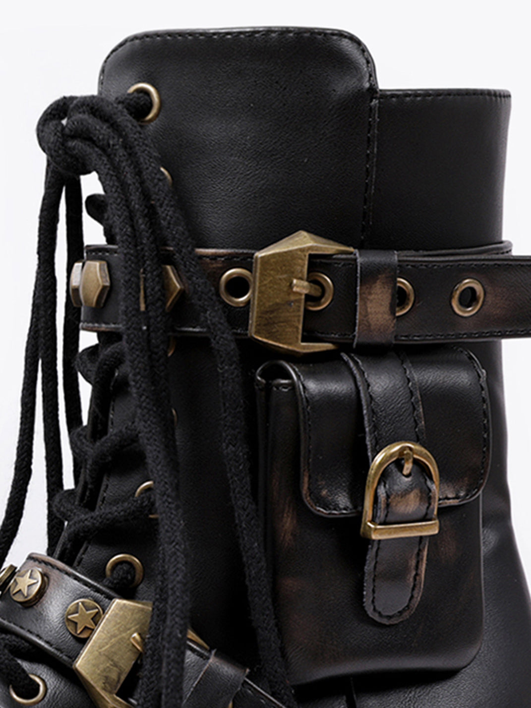 Black Metallic Punk Platform Ankle Boots with Studded Details