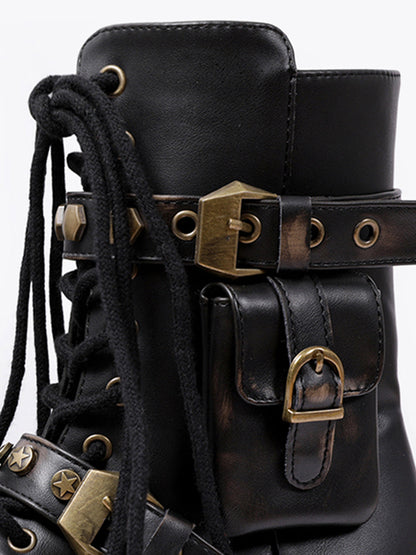 Black Metallic Punk Platform Ankle Boots with Studded Details