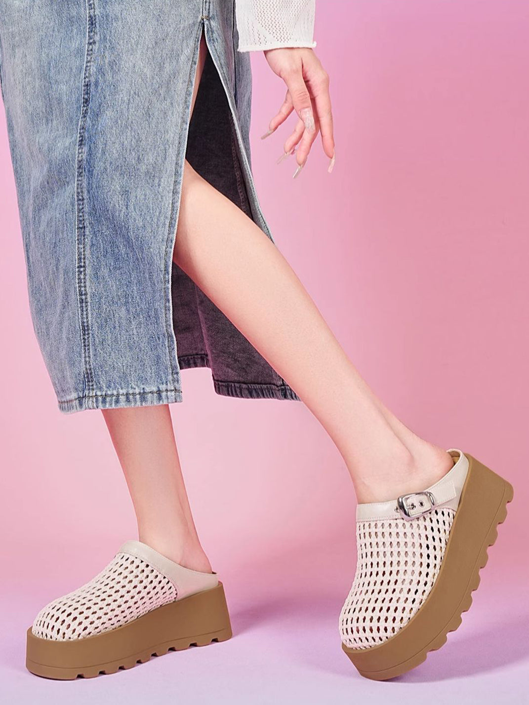 Woven Cut Out Platform Mules-Black