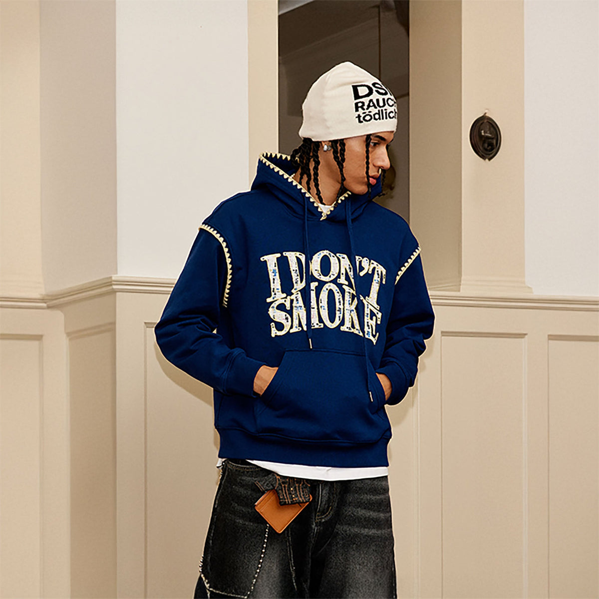 DONSMOKE Retro Embroidered Patch Whipstitch Hoodie