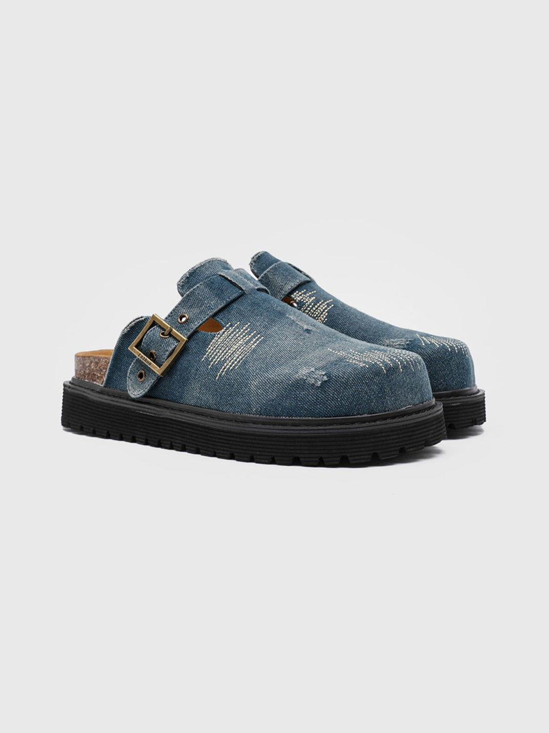 Distressed Denim Buckle Platform Mule Clogs
