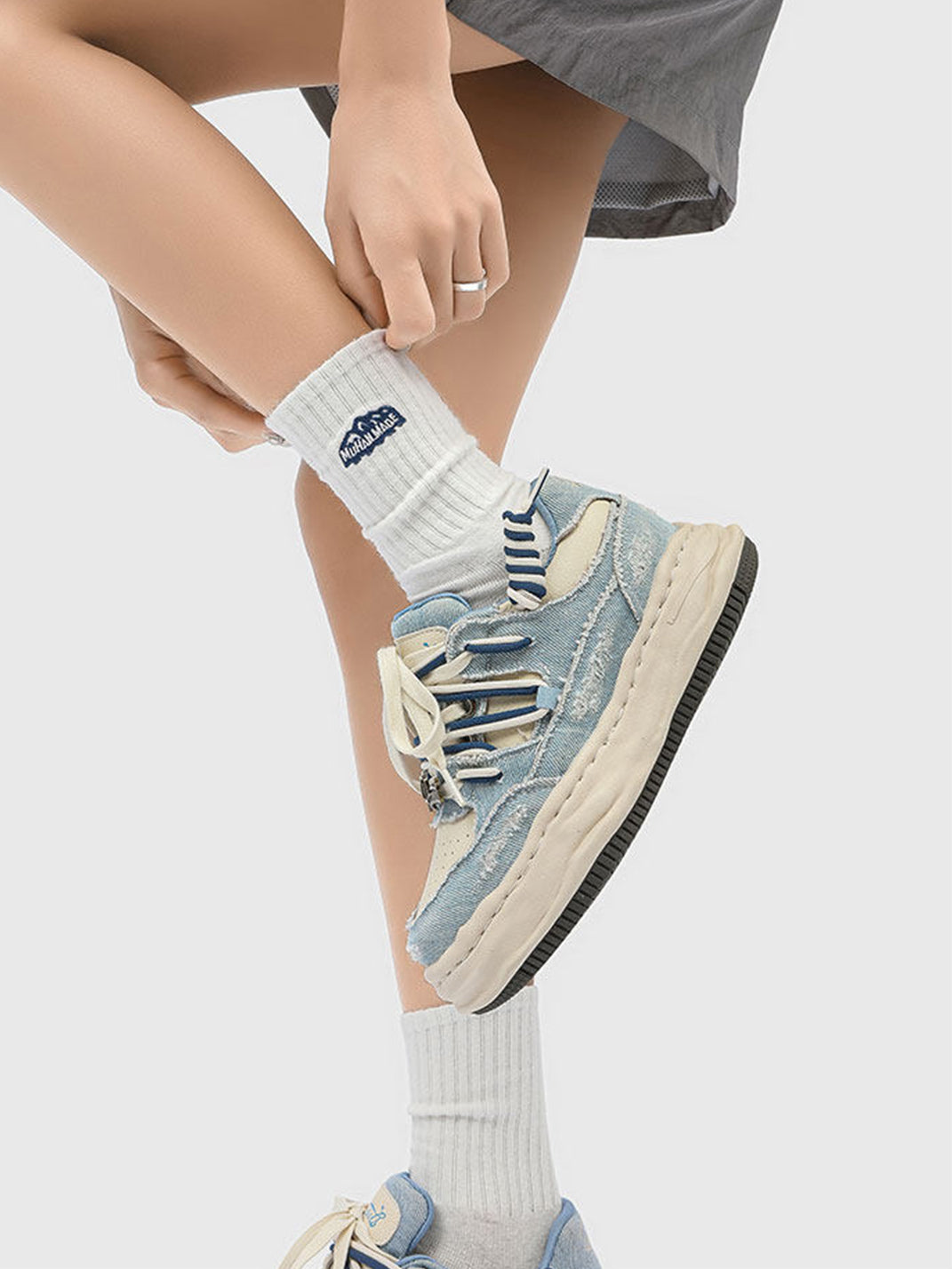 Washed Denim Dual-Lace Sneakers