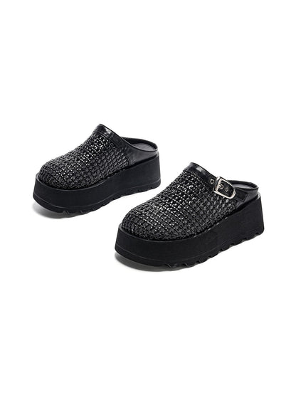 Woven Cut Out Platform Mules-Black