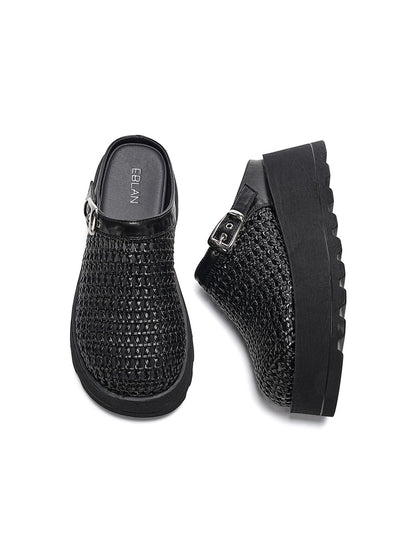 Woven Cut Out Platform Mules-Black