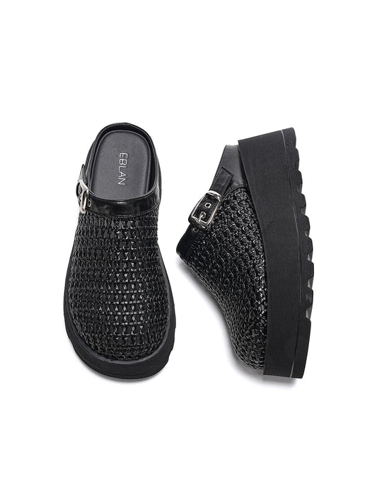 Woven Cut Out Platform Mules-Black