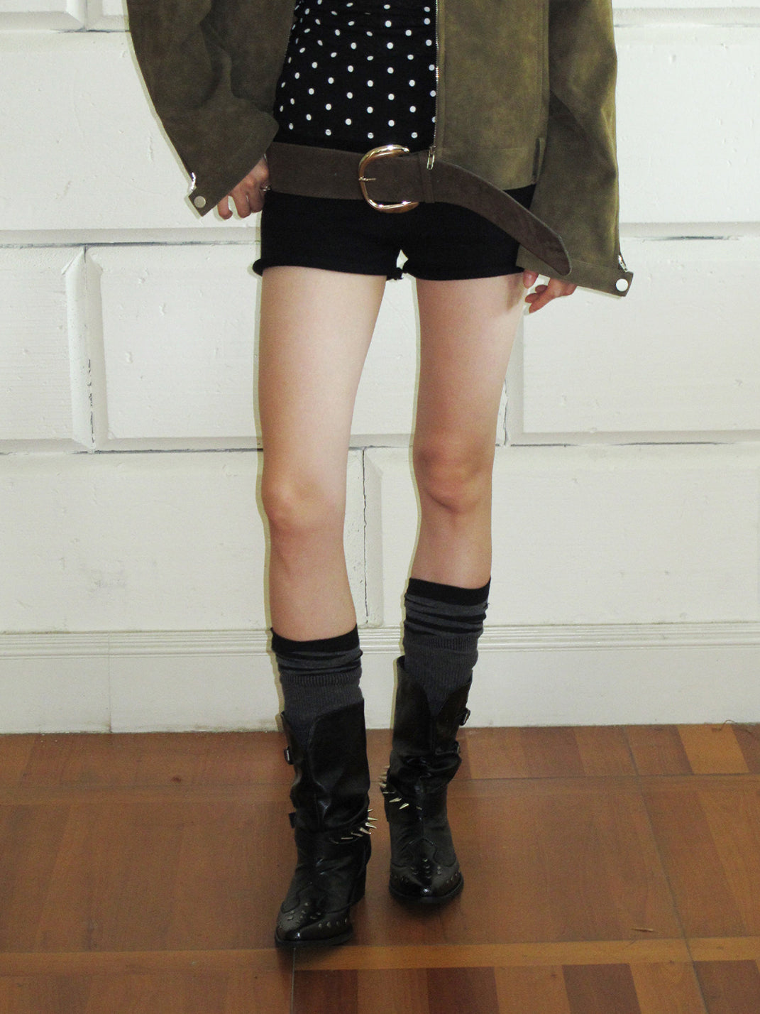 Black Leather Pointed-Toe V-Shaped Studded Ankle Boots