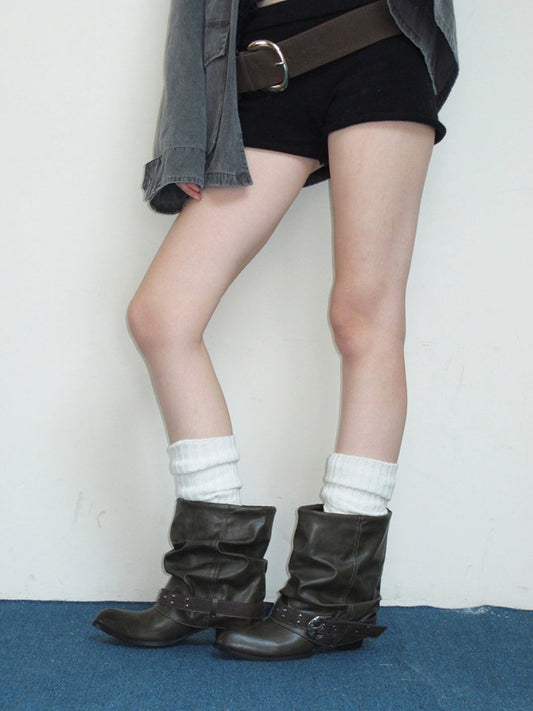 Brown Pleated Lace-Up Cowhide Ankle Boots