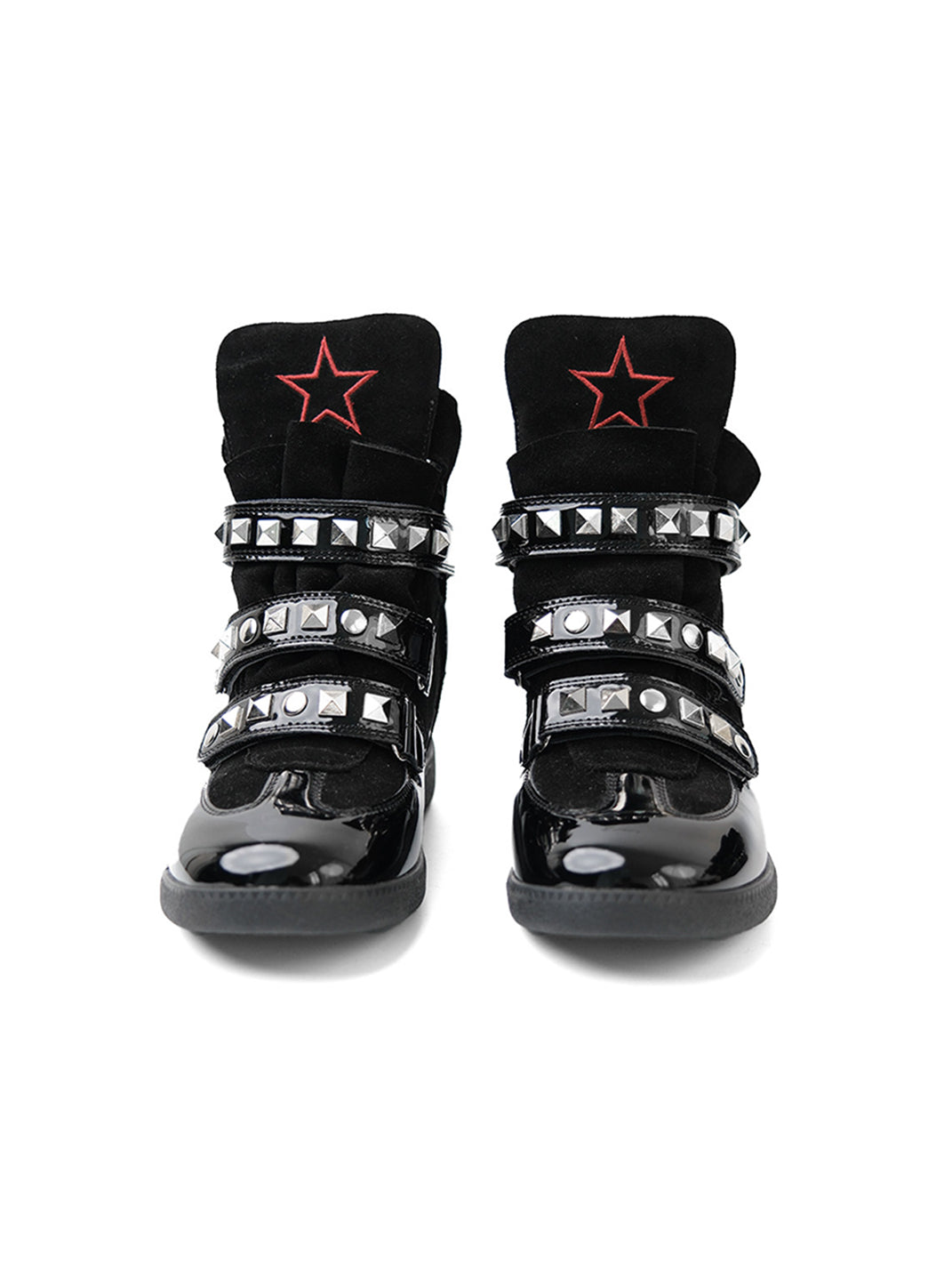 Black Retro Cowhide Wedge Shoes with Studs