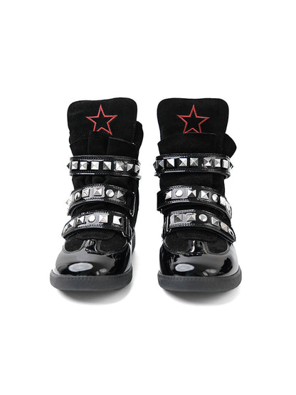 Black Retro Cowhide Wedge Shoes with Studs