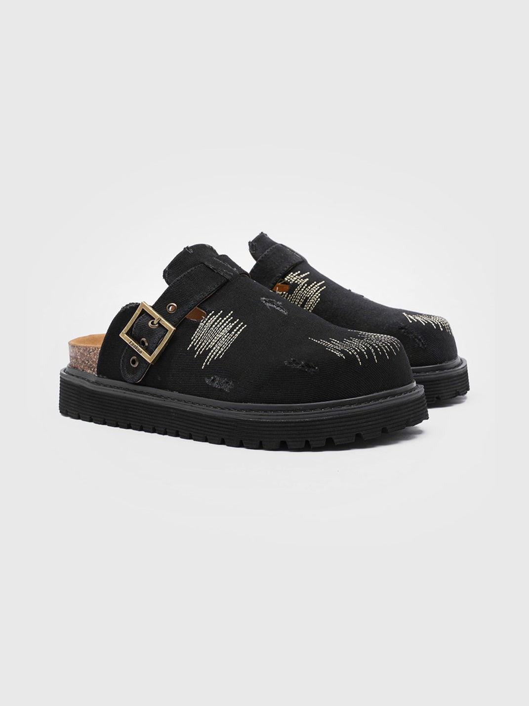 Distressed Denim Buckle Platform Mule Clogs