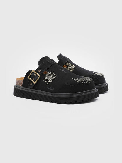 Distressed Denim Buckle Platform Mule Clogs