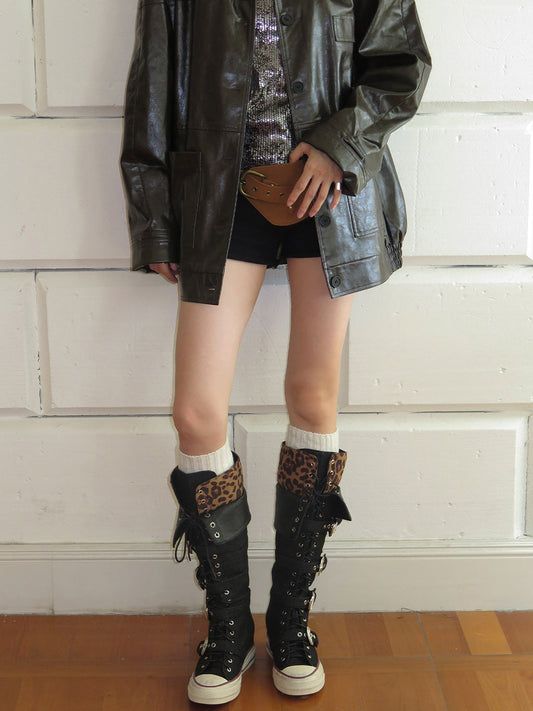 Leopard Print High-Top Canvas Boots with Belt Buckle