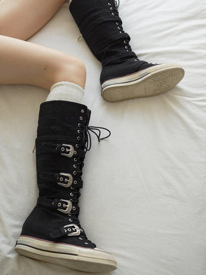 Leopard Print High-Top Canvas Boots with Belt Buckle