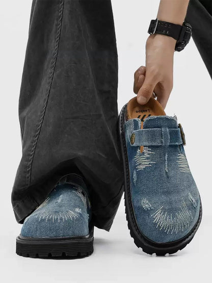 Distressed Denim Buckle Platform Mule Clogs