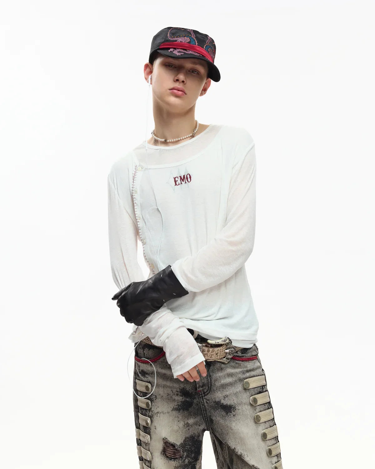 EMO Sheer Layered Graphic Long Sleeve T-Shirt