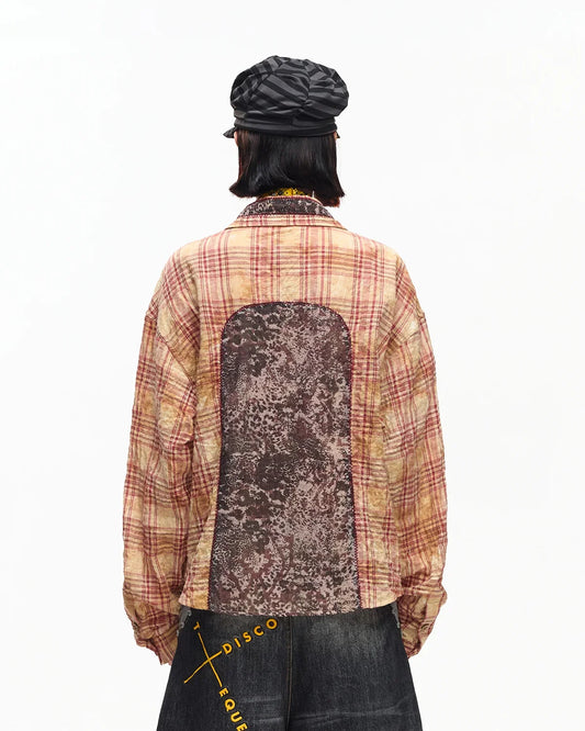 EMO Print Sheer Panel Plaid Shirt