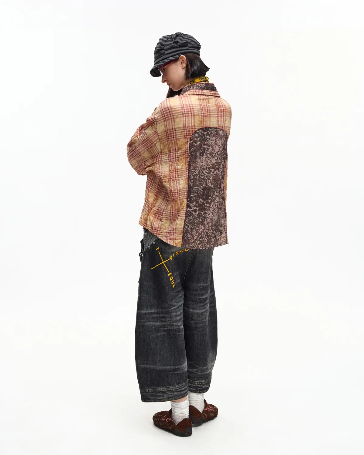 EMO Print Sheer Panel Plaid Shirt