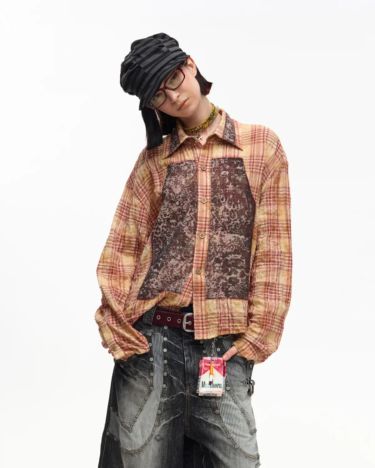 EMO Print Sheer Panel Plaid Shirt