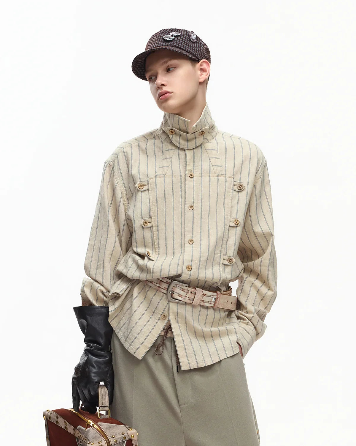 EMO Napoleon Double-Breasted Vertical-Striped Shirt