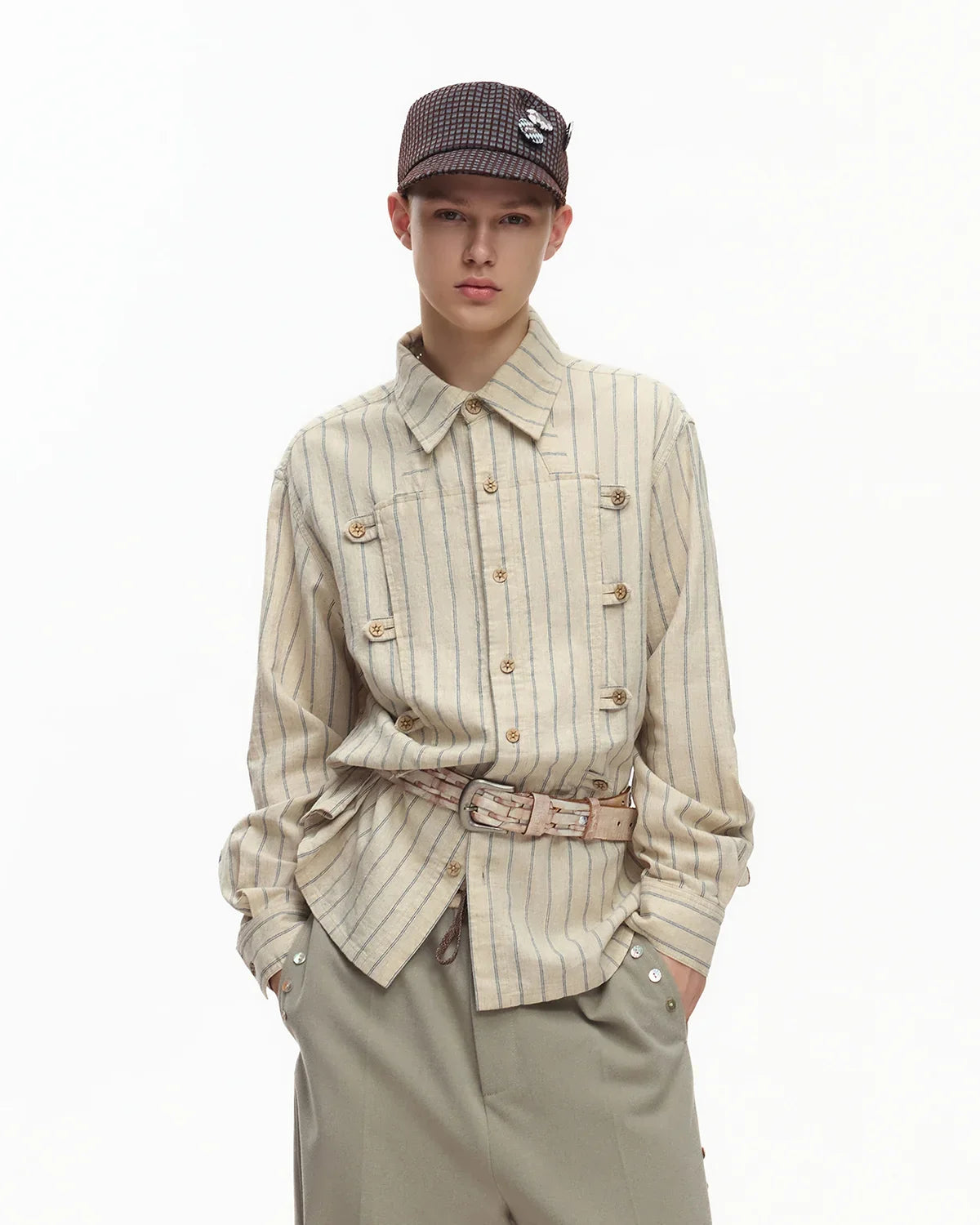 EMO Napoleon Double-Breasted Vertical-Striped Shirt