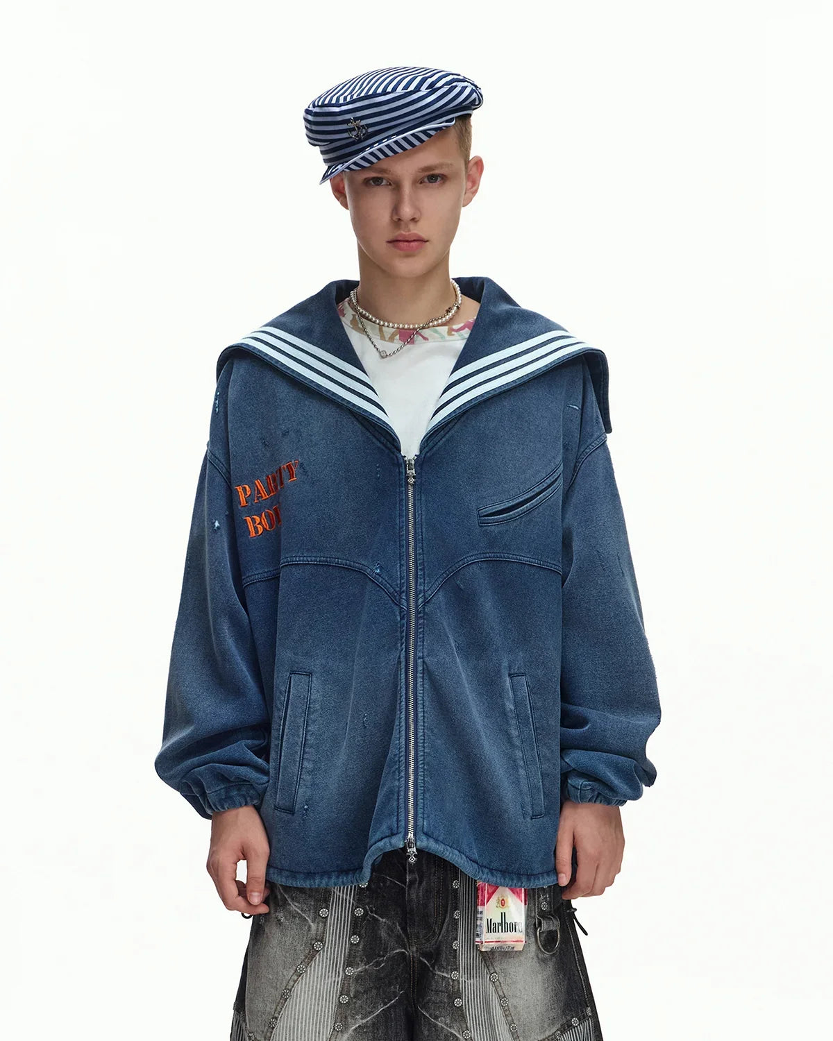 EMO Sailor-Collar Double-Zip Sweatshirt Jacket