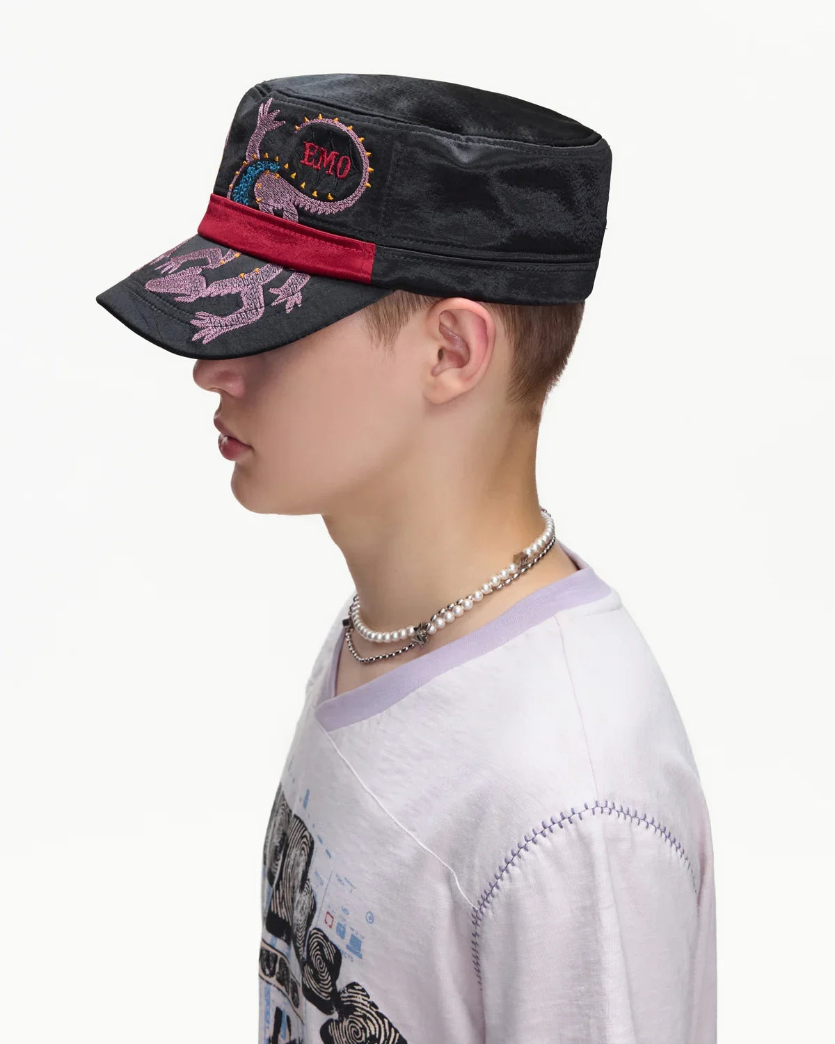 EMO Vintage Embroidered Flat-Top Cadet Cap Black