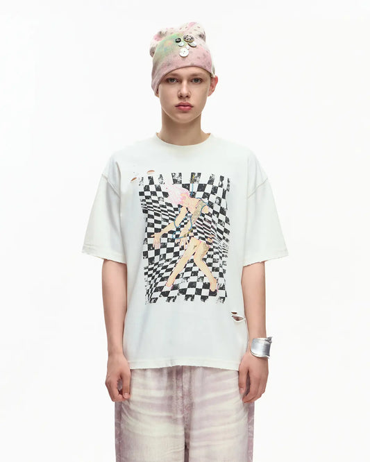EMO Distressed Camo Washed Cropped Tee White