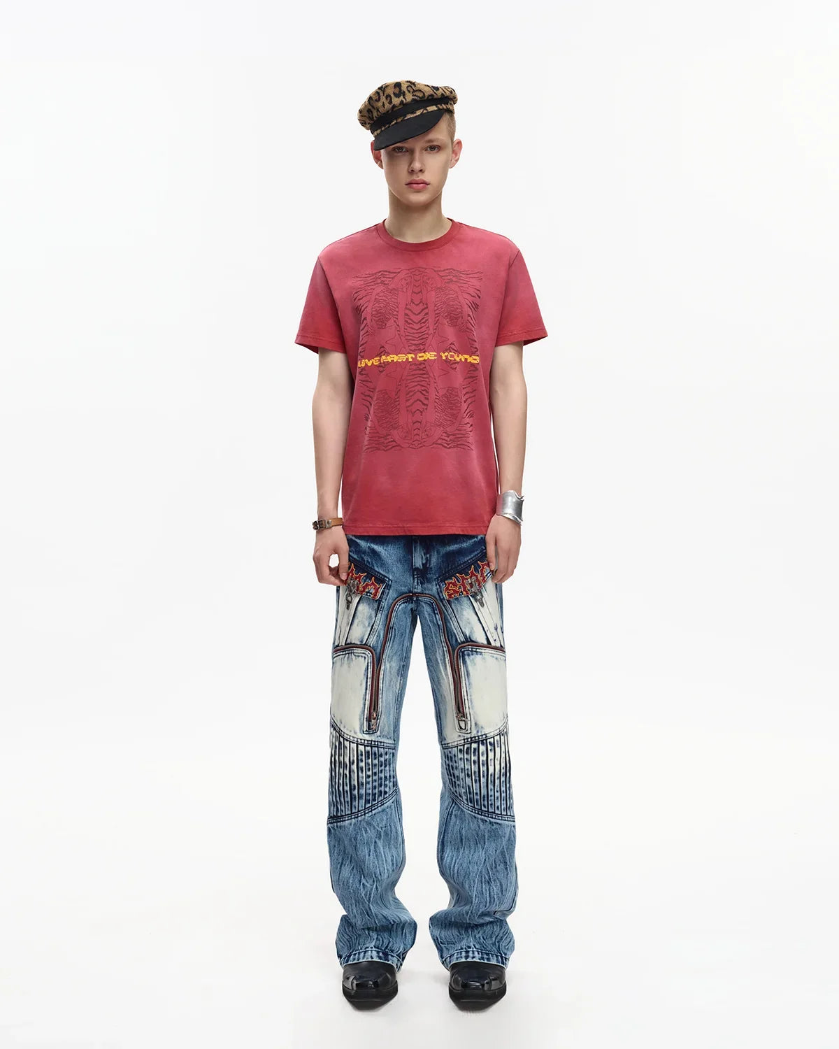 EMO Contrast Zip Distressed Wash Jeans