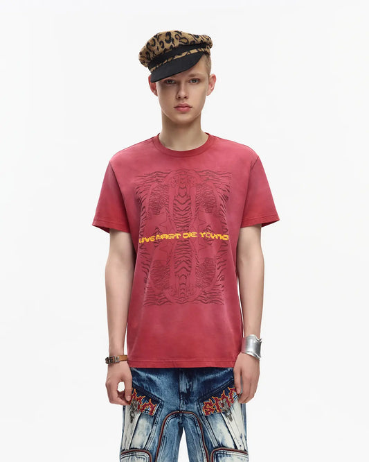 EMO 265g Faded Tiger Mirror Slim Tee Red