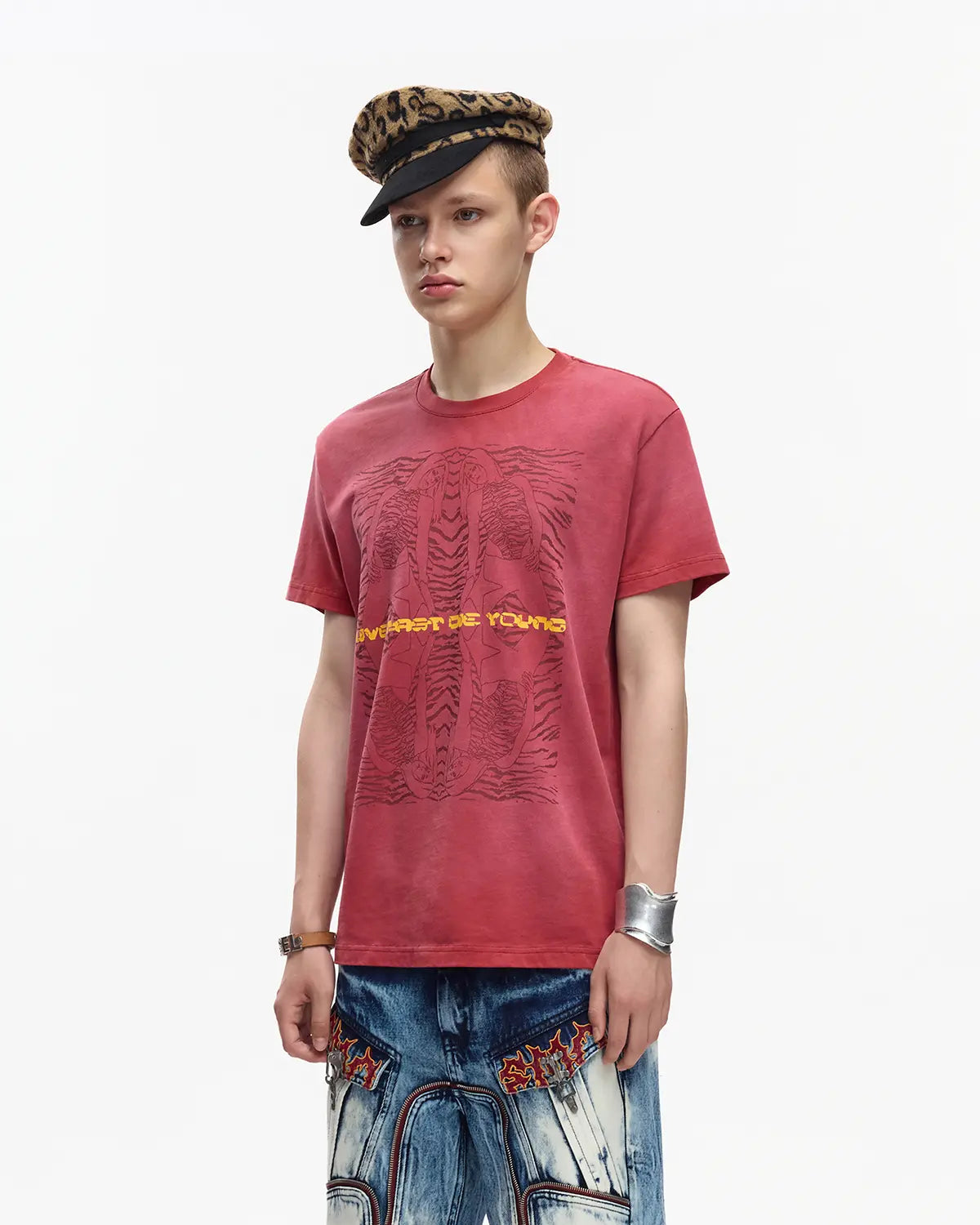 EMO 265g Faded Tiger Mirror Slim Tee Red