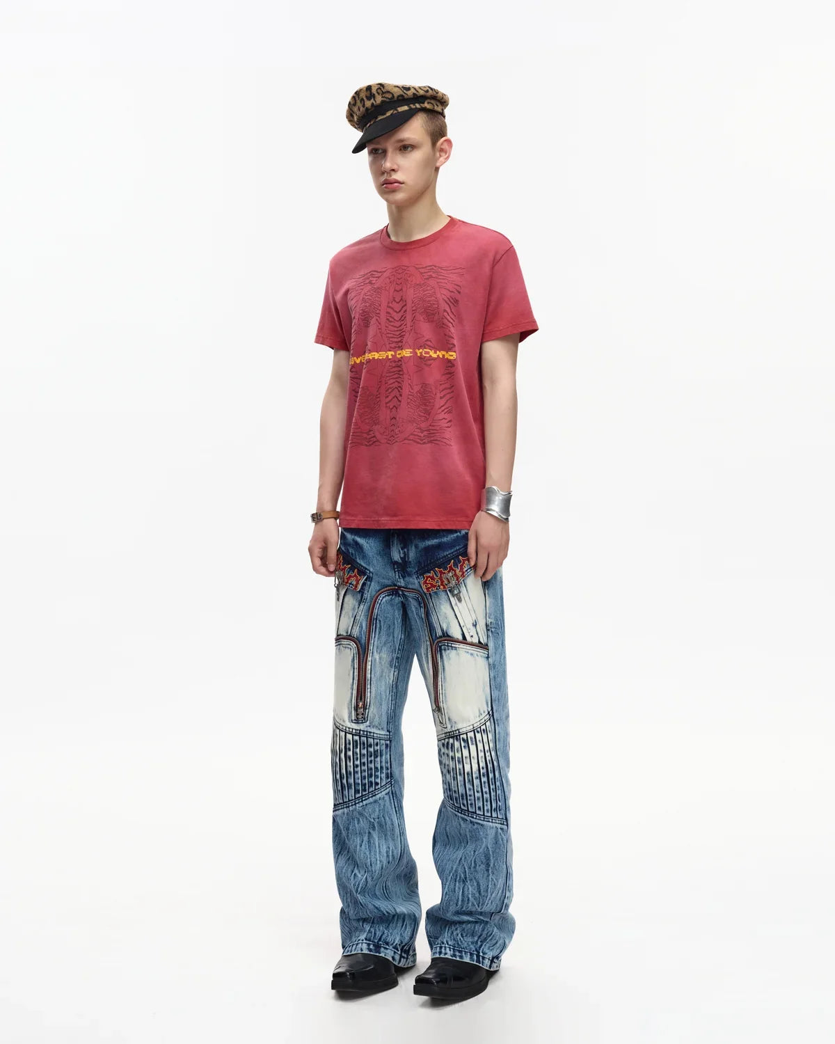 EMO Contrast Zip Distressed Wash Jeans