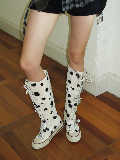 White Polka Dot Lace-Up Boots