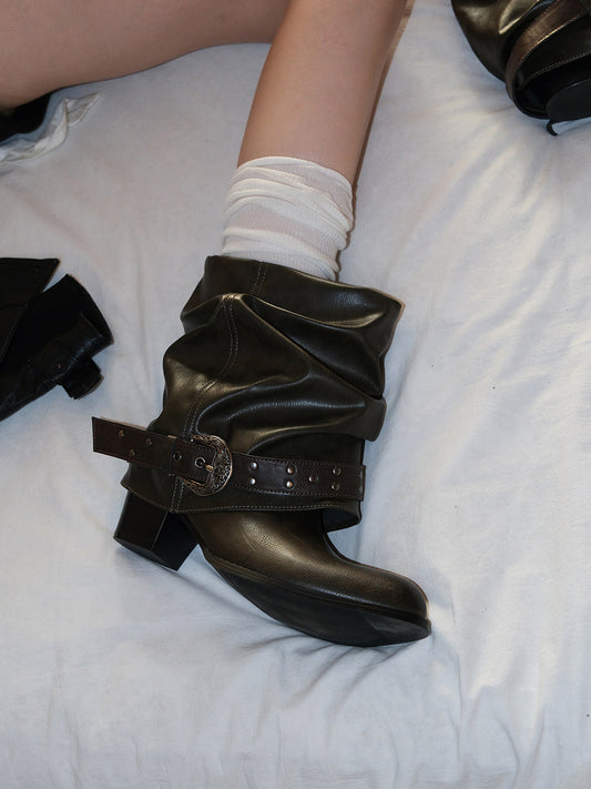 Brown Pleated Lace-Up Cowhide Ankle Boots