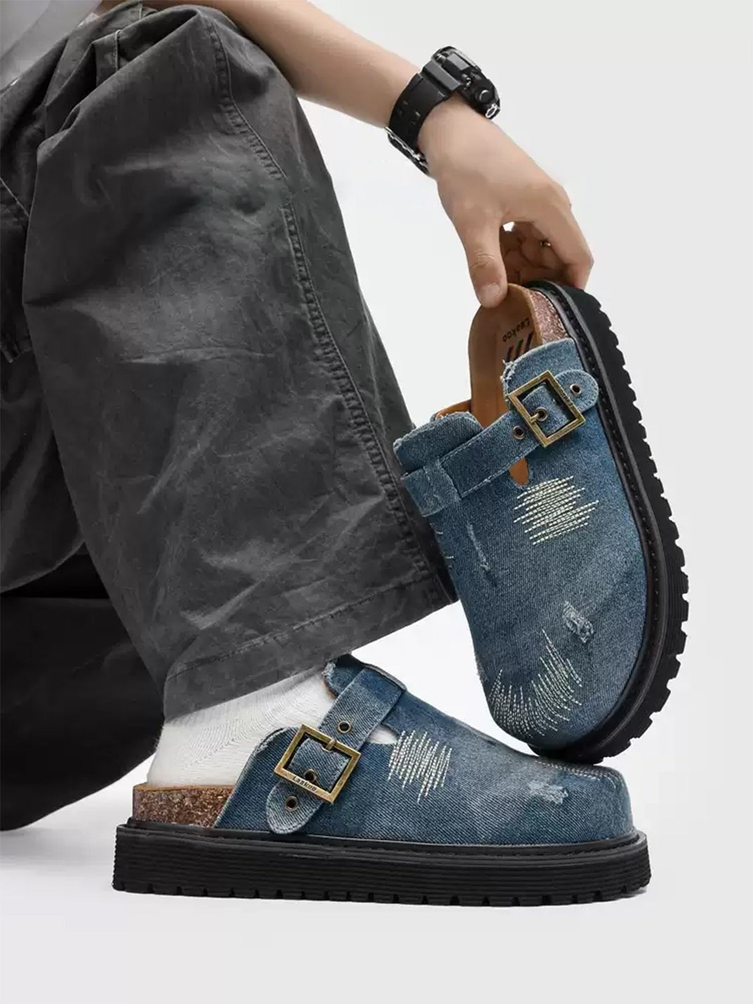 Distressed Denim Buckle Platform Mule Clogs