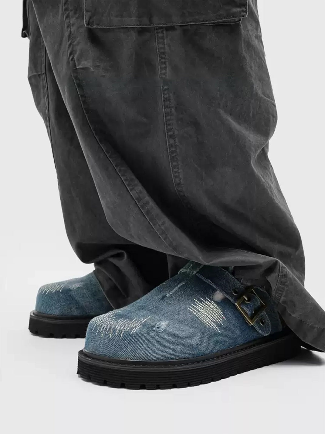 Distressed Denim Buckle Platform Mule Clogs