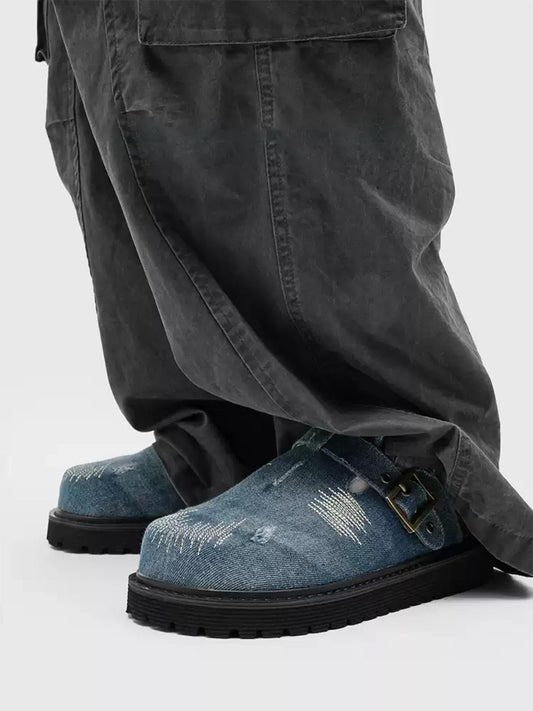 Distressed Denim Buckle Platform Mule Clogs