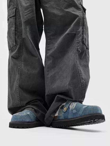 Distressed Denim Buckle Platform Mule Clogs