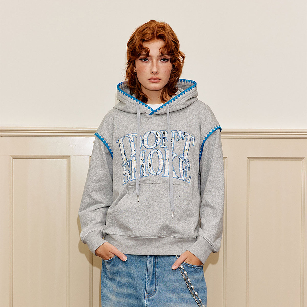 DONSMOKE Retro Embroidered Patch Whipstitch Hoodie
