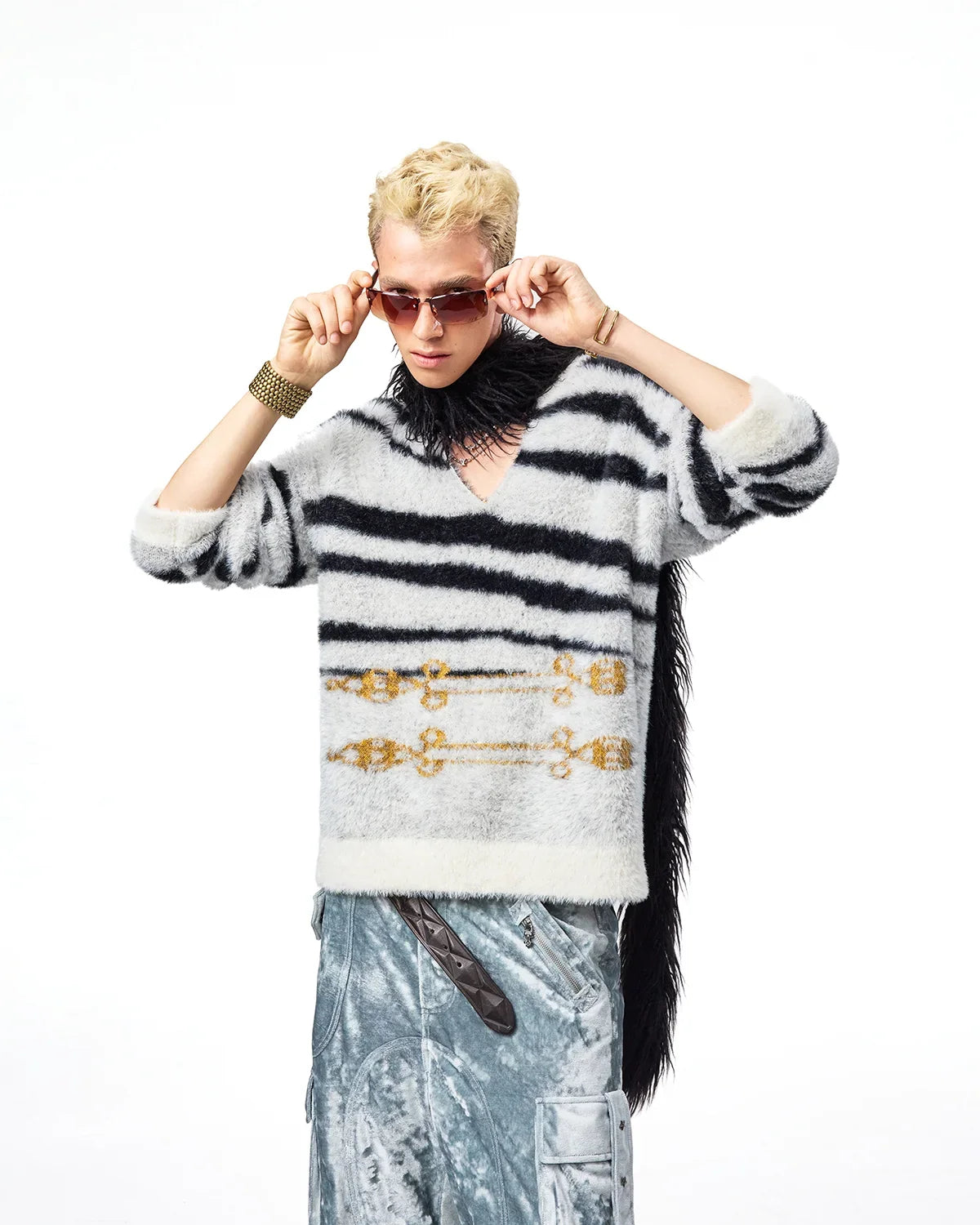 EMO Zebra Jacquard V-Neck Faux-Mink Sweater
