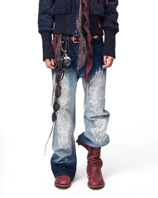 EMO Lace Print Gradient Flare Jeans