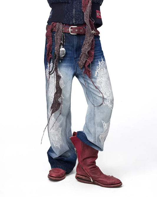 EMO Lace Print Gradient Flare Jeans